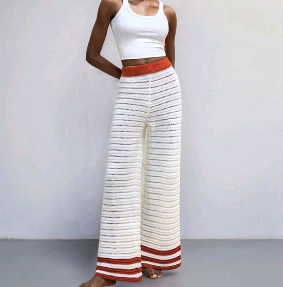 Women's Casual Contrasting Stripe Wide Leg Knit Pants - Picture 2 of 4